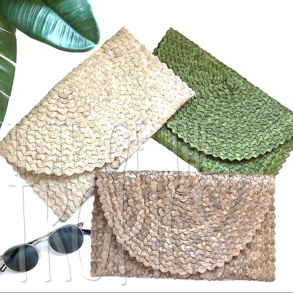 Free People Handbags - Woven Straw Purse / Raffia Bag - Brown White Green